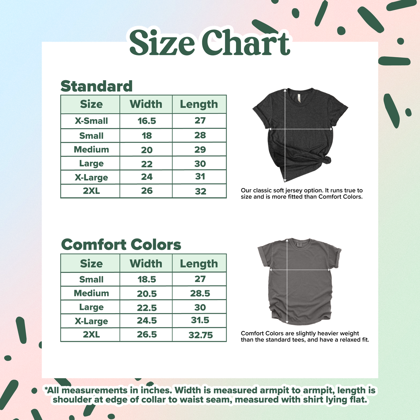 Size chart for shirts with standard and comfort colors, showing measurements in inches.