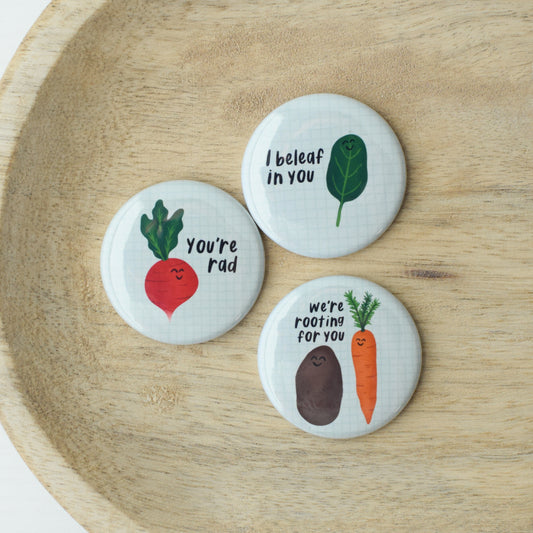 Encouraging Veggie Puns Button or Magnet Bundle