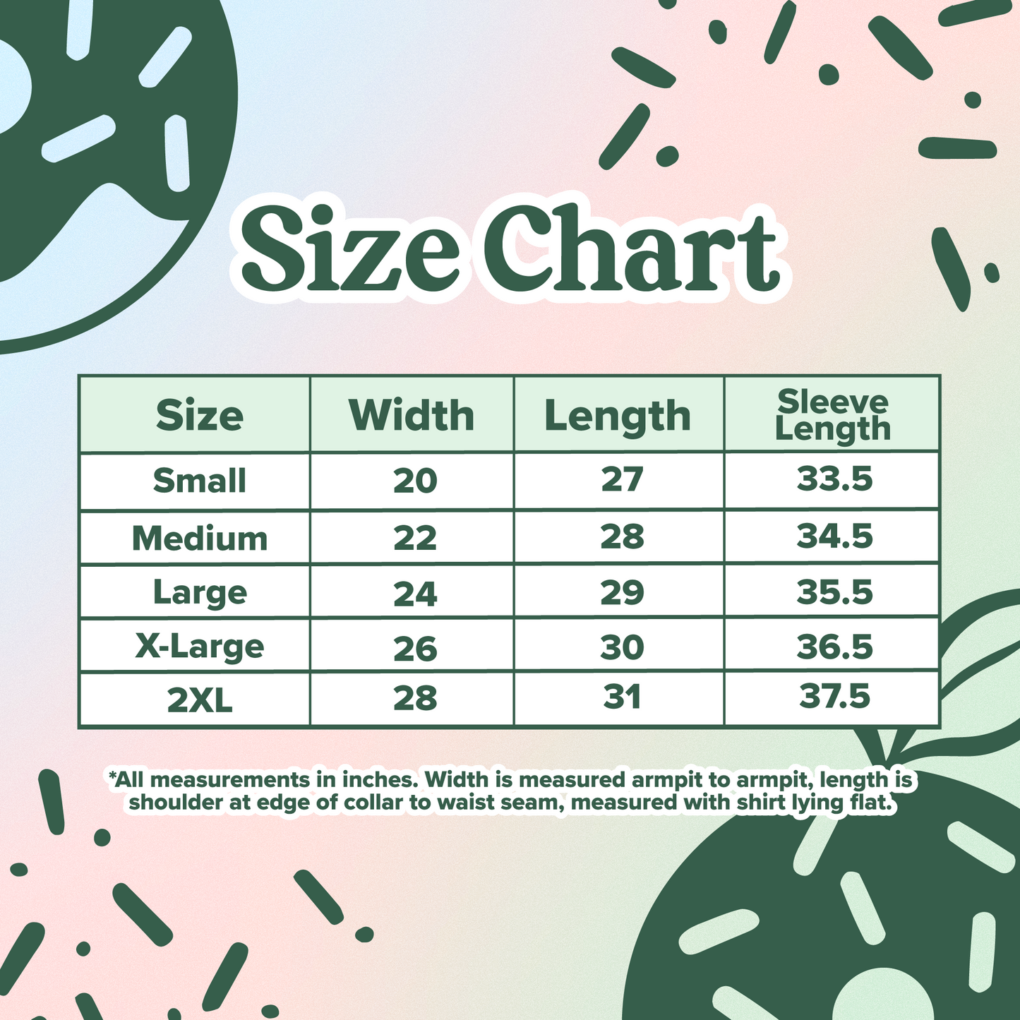 Size chart for sweatshirts with measurements in inches on a colorful background