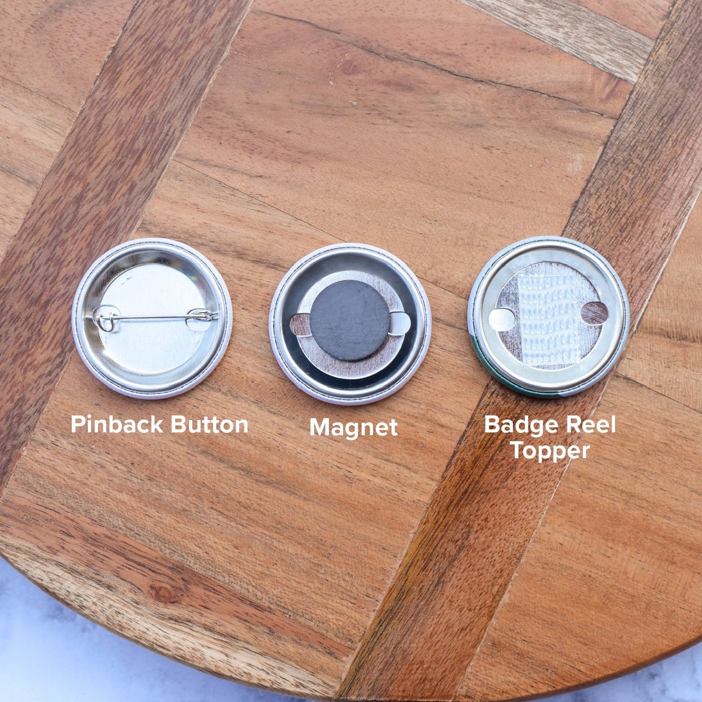 Pin, magnet, or badge reel topper options