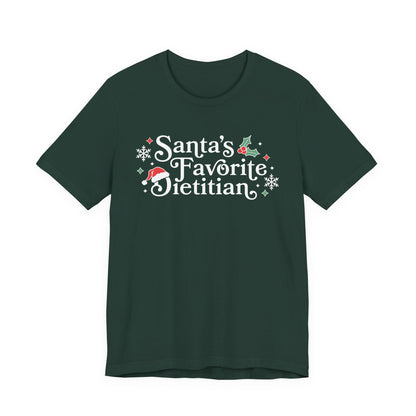 Dark green t-shirt with 'Santa's Favorite Dietitian' text and festive graphics on a white background