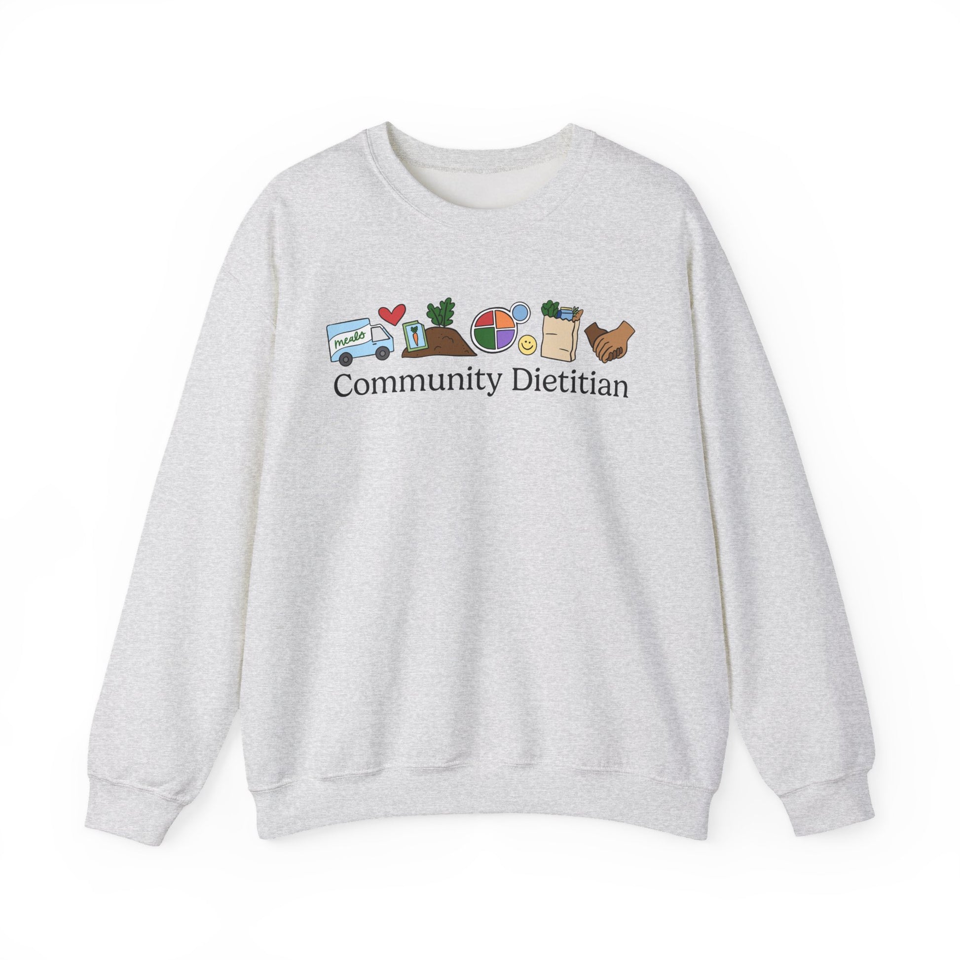 Gray sweatshirt with 'Community Dietitian' text and doodles