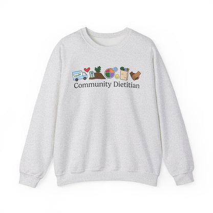 Gray sweatshirt with 'Community Dietitian' text and doodles