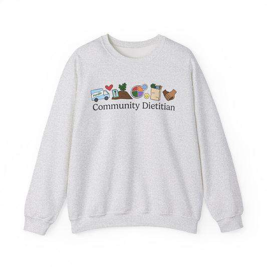 Gray sweatshirt with 'Community Dietitian' text and doodles