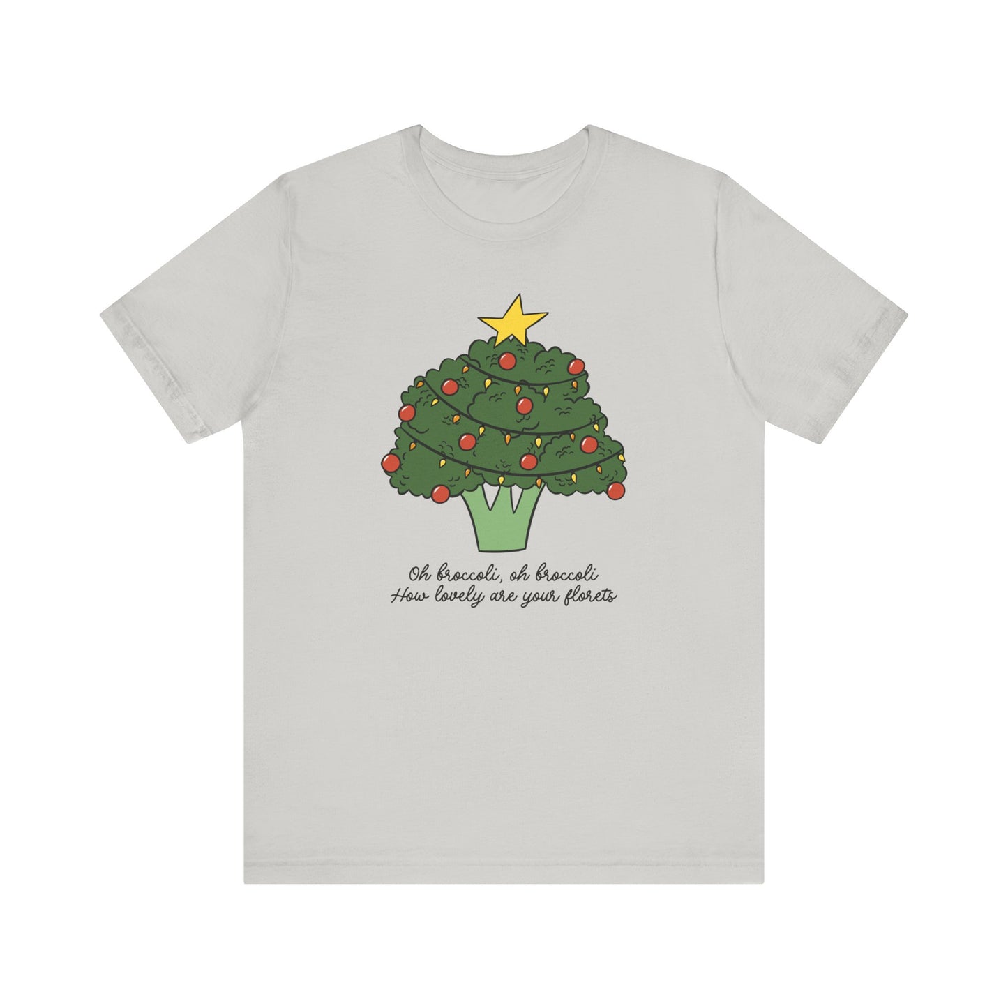 Light gray t-shirt with a broccoli Christmas tree design on a white background