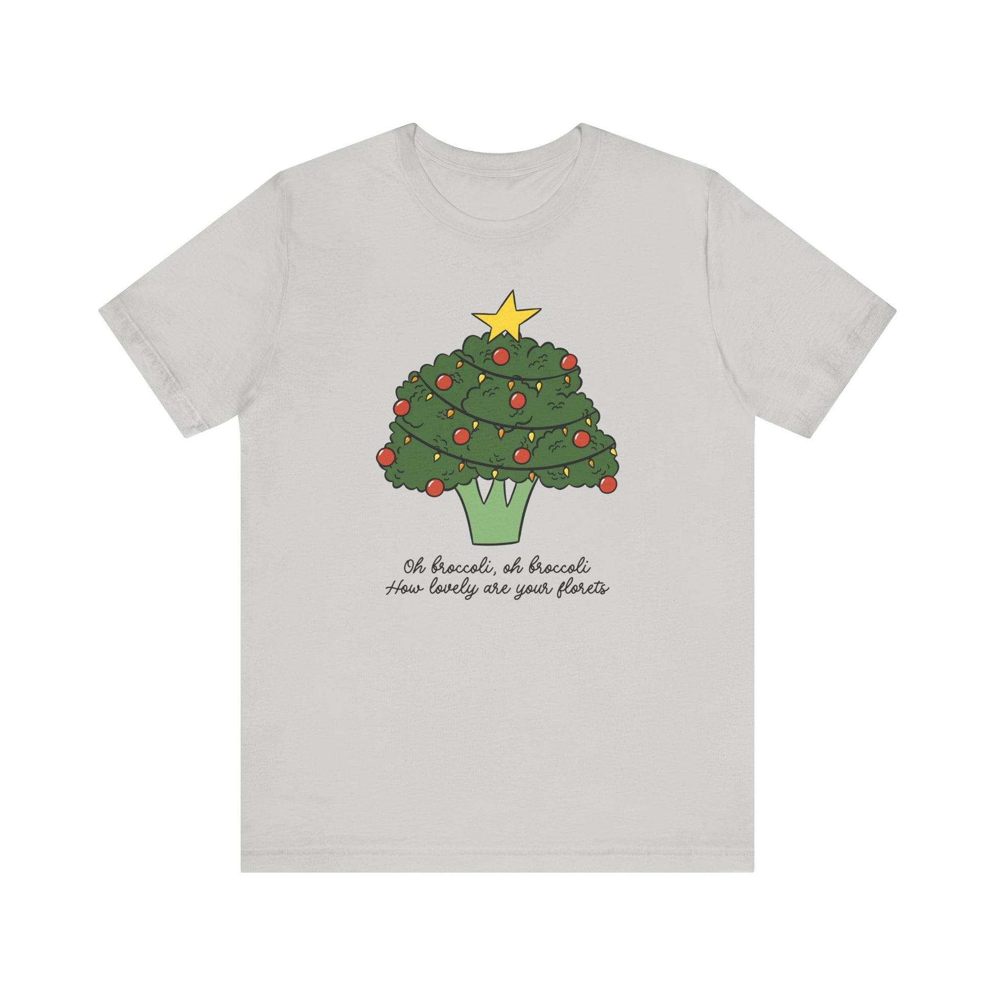 Light gray t-shirt with a broccoli Christmas tree design on a white background