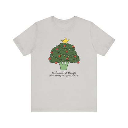 Light gray t-shirt with a broccoli Christmas tree design on a white background