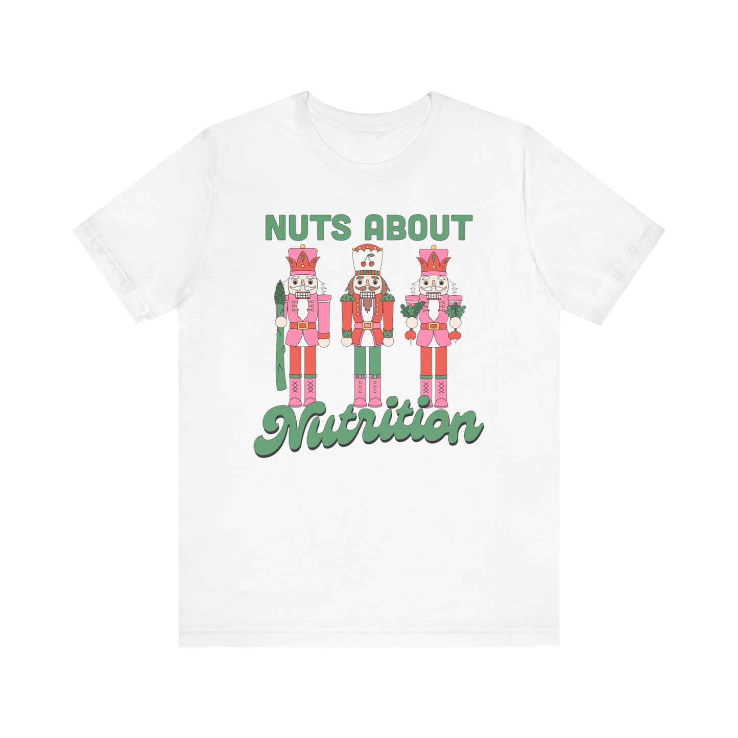 White t-shirt with cartoon nutcrackers and text 'Nuts About Nutrition' on a white background