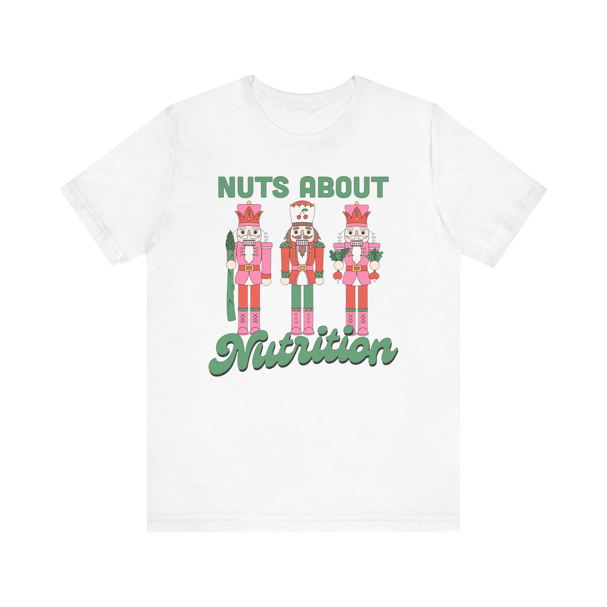White t-shirt with cartoon nutcrackers and text 'Nuts About Nutrition' on a white background