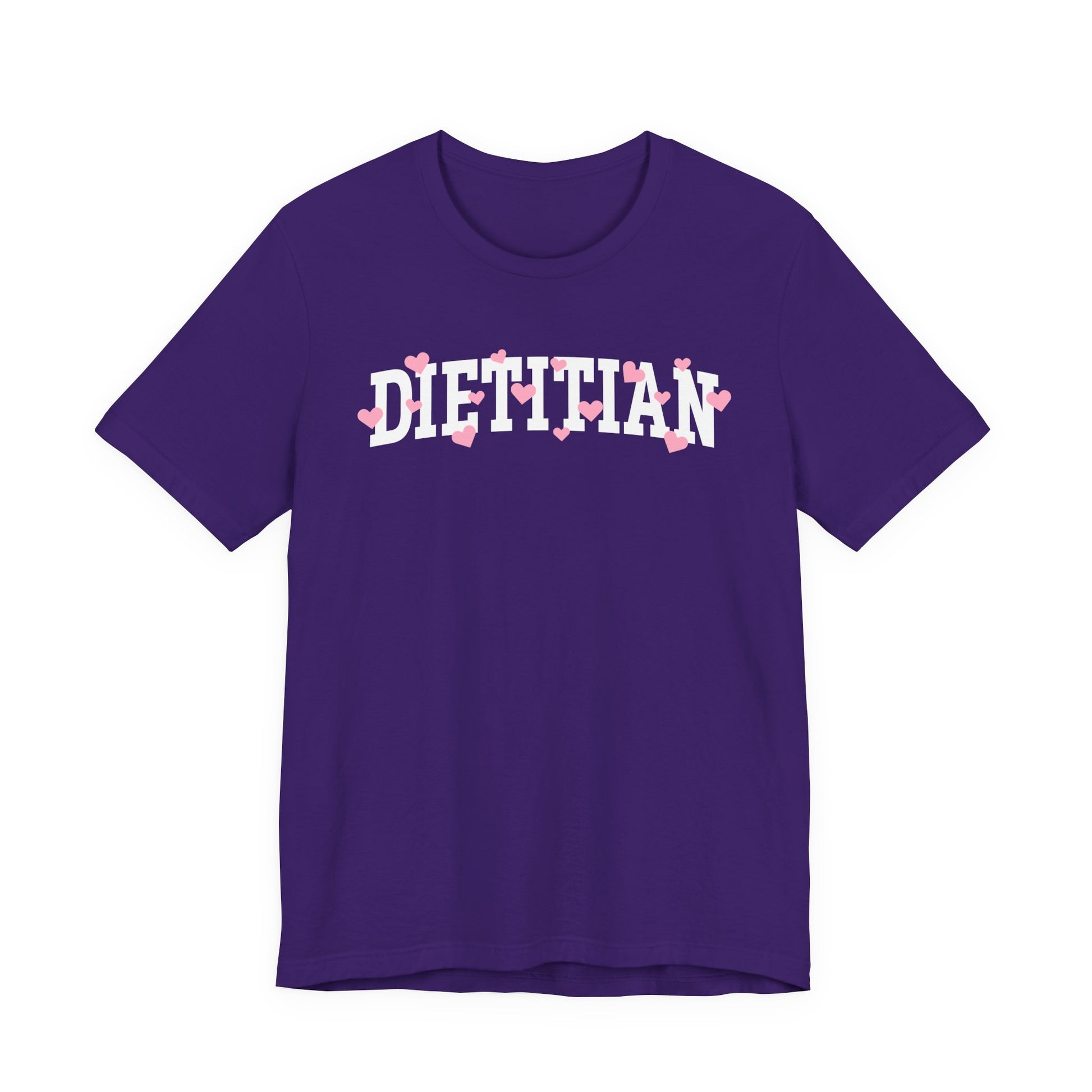 Purple tshirt with arched "DIETITIAN" text in white with pink hearts sprinkled throughout the letters