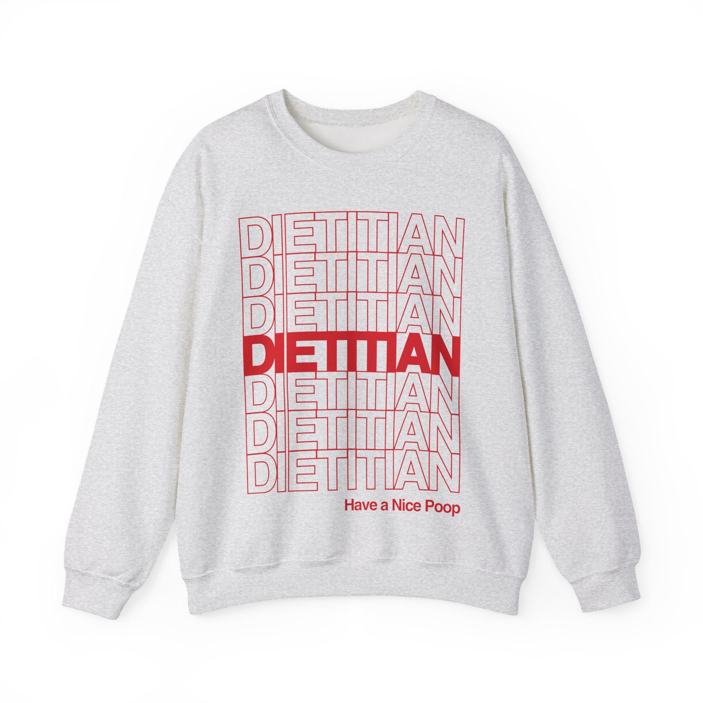 Ash Gray sweatshirt with red and white text on a white background