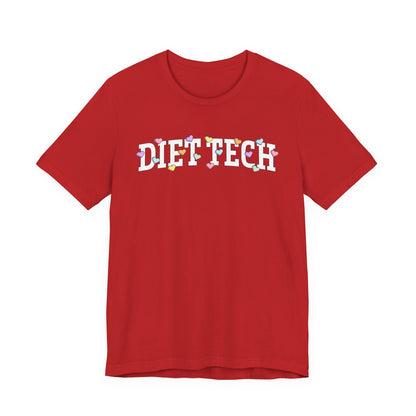 Red tshirt with arched "DIET TECH" text in white with multi-colored heart shaped Valentine candy sprinkled throughout the letters