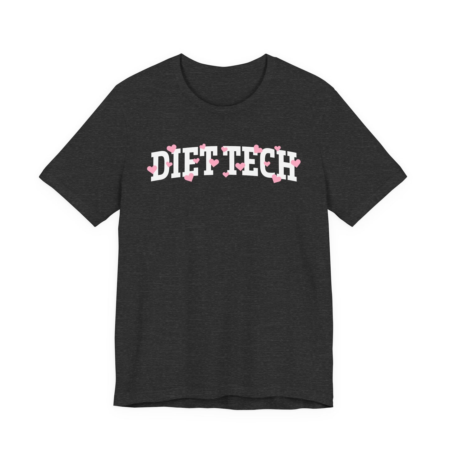 Charcoal tshirt with arched "DIET TECH" text in white with pink hearts sprinkled throughout the letters