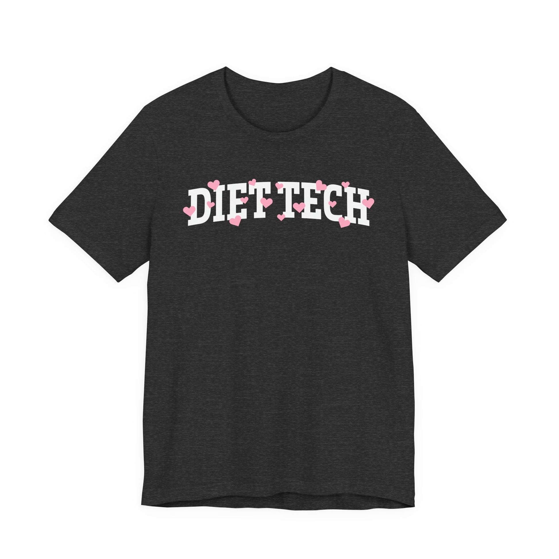 Charcoal tshirt with arched "DIET TECH" text in white with pink hearts sprinkled throughout the letters
