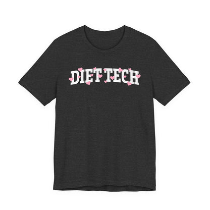 Charcoal tshirt with arched "DIET TECH" text in white with pink hearts sprinkled throughout the letters