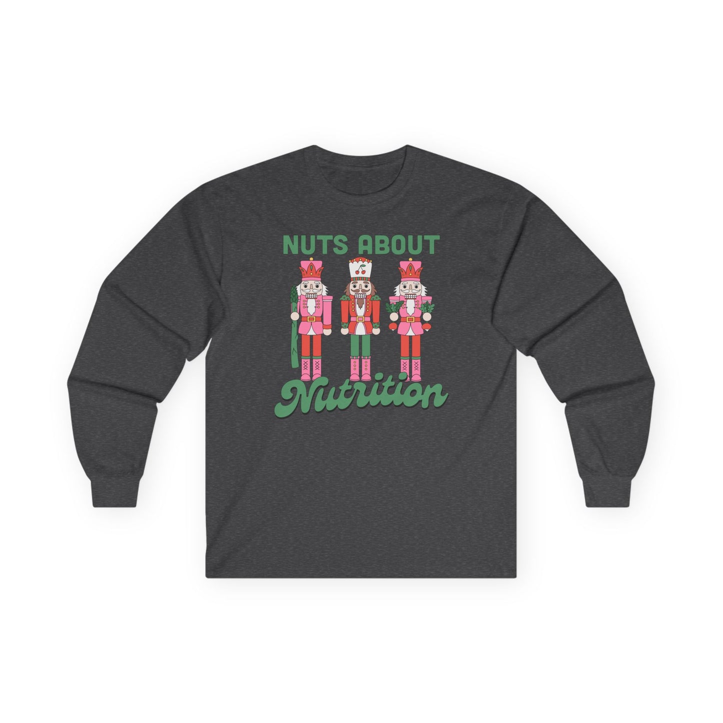 Charcoal long-sleeve shirt with nutcracker design and text 'Nuts About Nutrition' on a white background