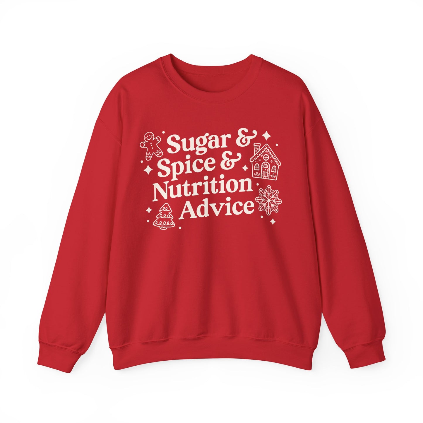 Red sweatshirt with white text and graphics on a white background
