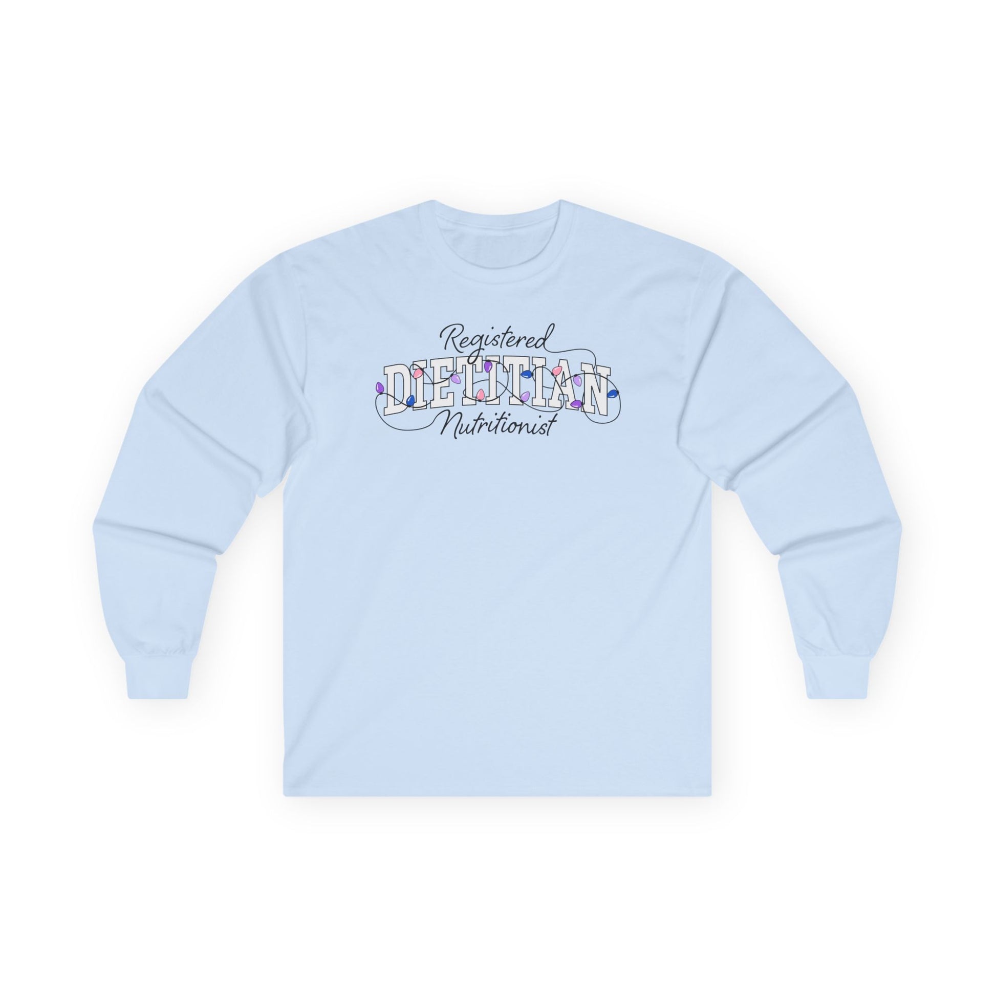 Light blue long-sleeve shirt with 'Registered Dietitian Nutritionist' text on a white background
