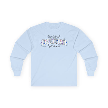 Light blue long-sleeve shirt with 'Registered Dietitian Nutritionist' text on a white background