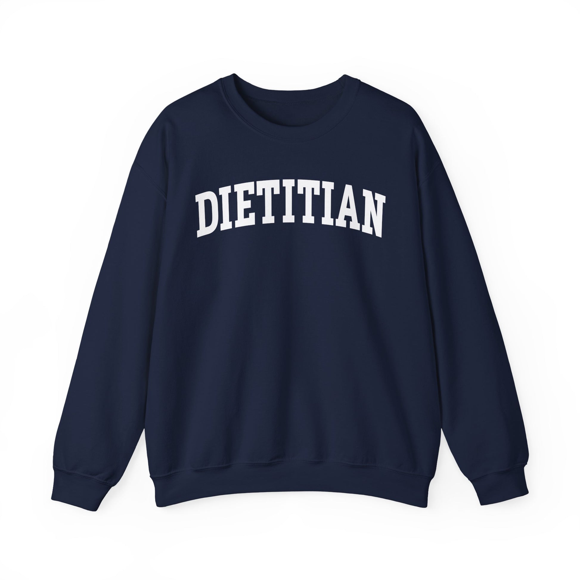 Navy sweatshirt with arched text "DIETITIAN" in white 