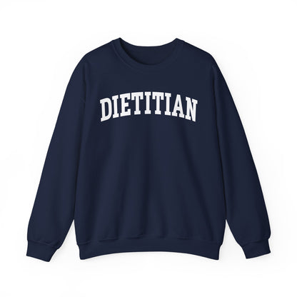 Navy sweatshirt with arched text "DIETITIAN" in white 