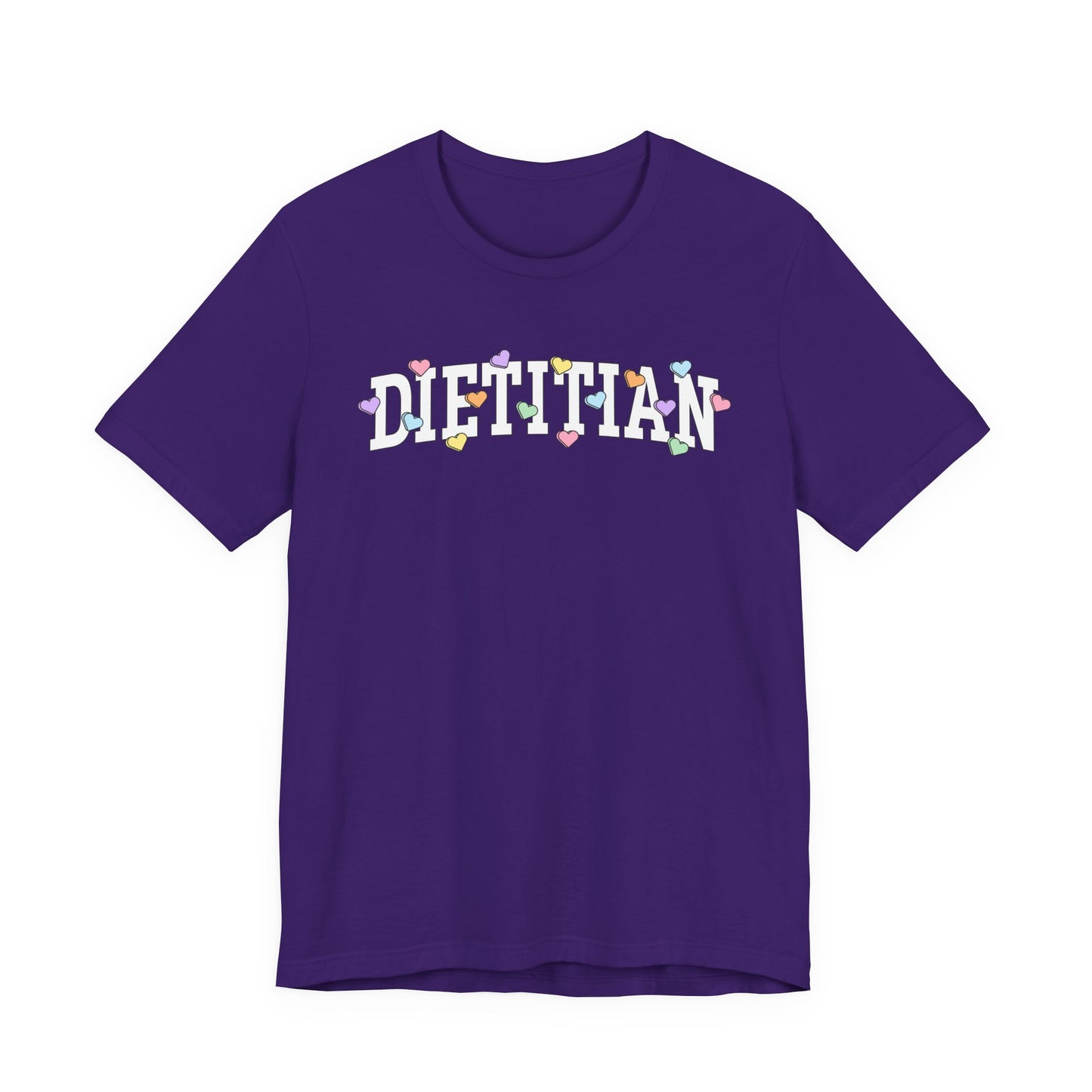 Deep Purple tshirt with arched text "DIETITIAN" with multi-colored Valentine heart candy sprinkled throughout the letters