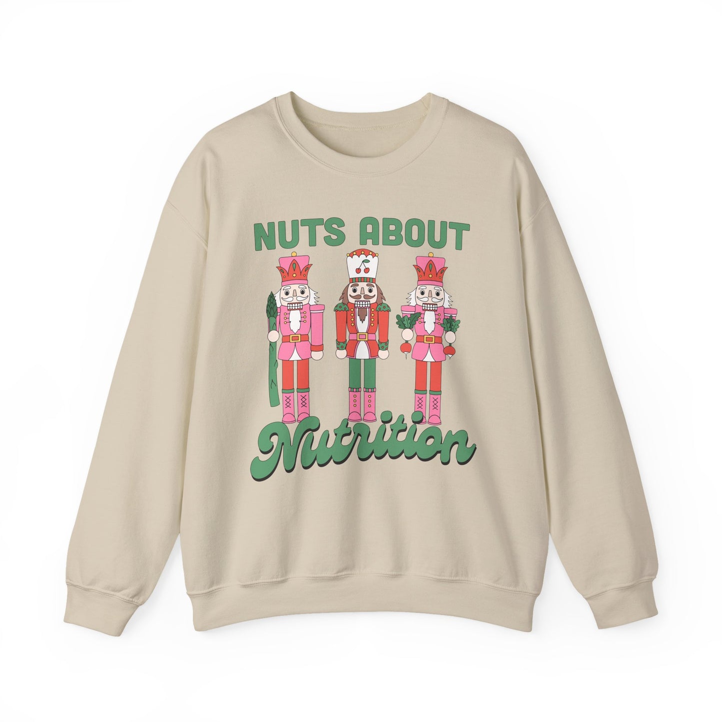 Sand colored sweatshirt with nutcracker design and text 'Nuts About Nutrition' on a white background