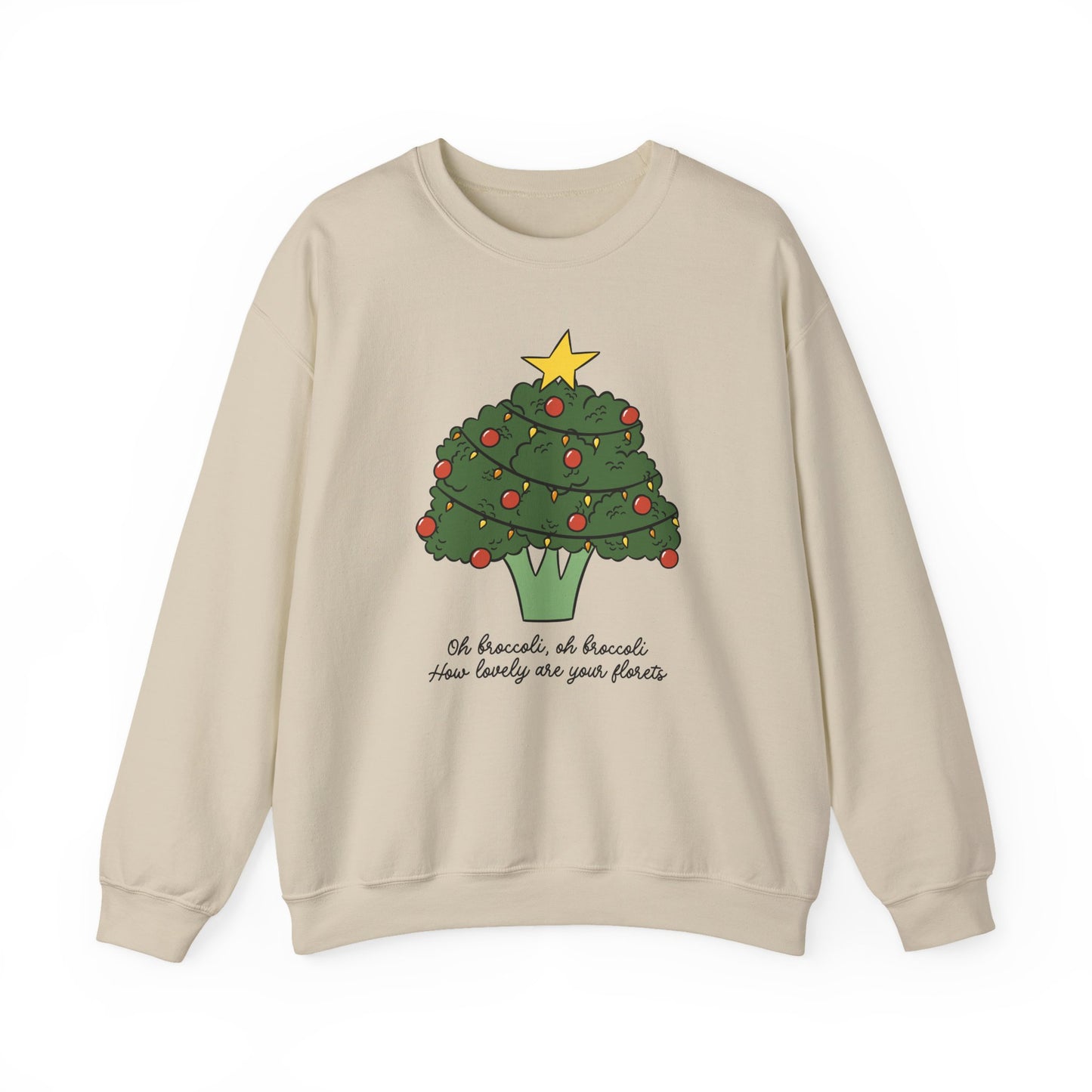 Sand colored sweatshirt with a broccoli Christmas tree design on a white background