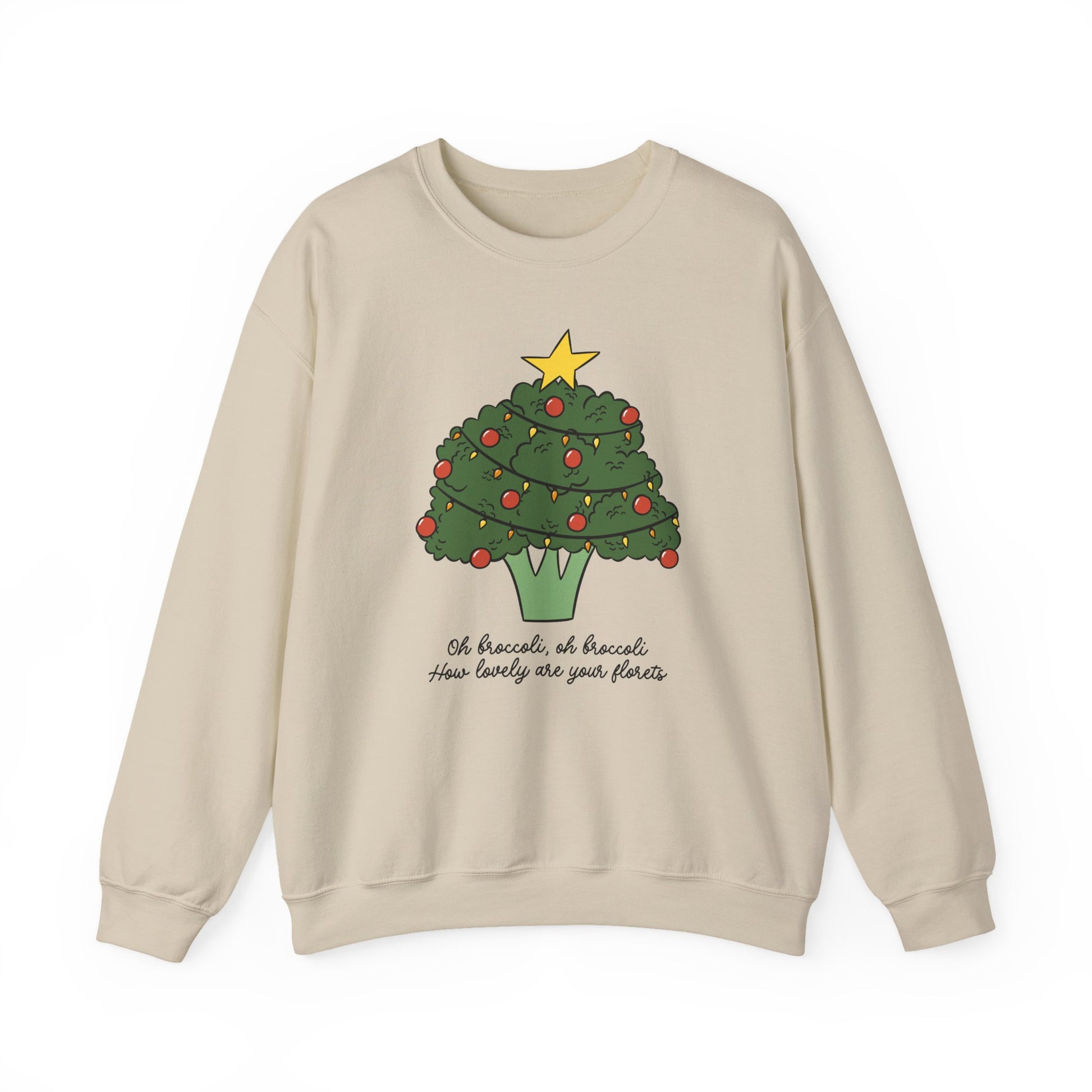 Sand colored sweatshirt with a broccoli Christmas tree design on a white background