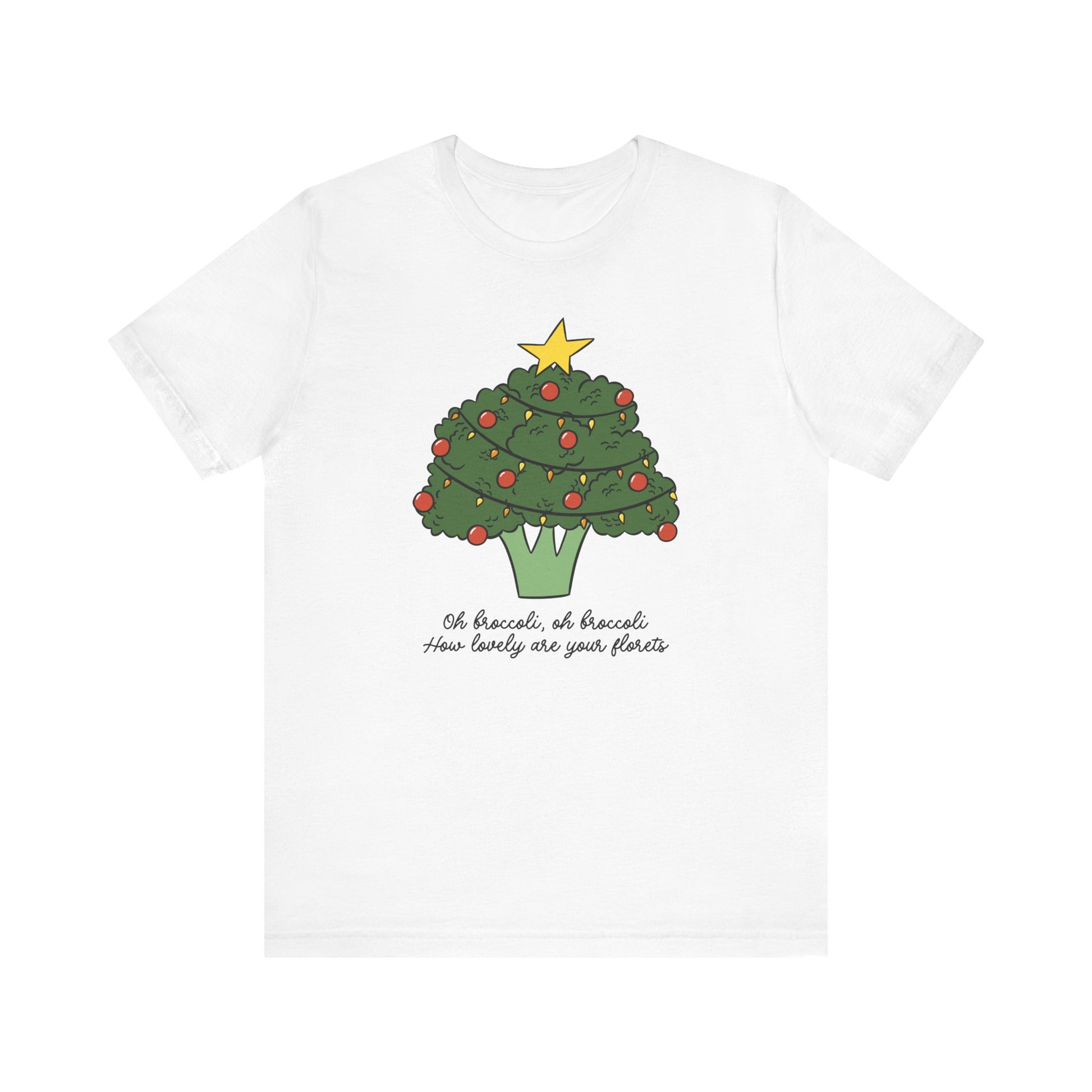 White t-shirt with a Christmas tree design made of broccoli on a white background