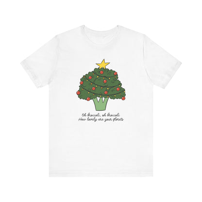White t-shirt with a Christmas tree design made of broccoli on a white background