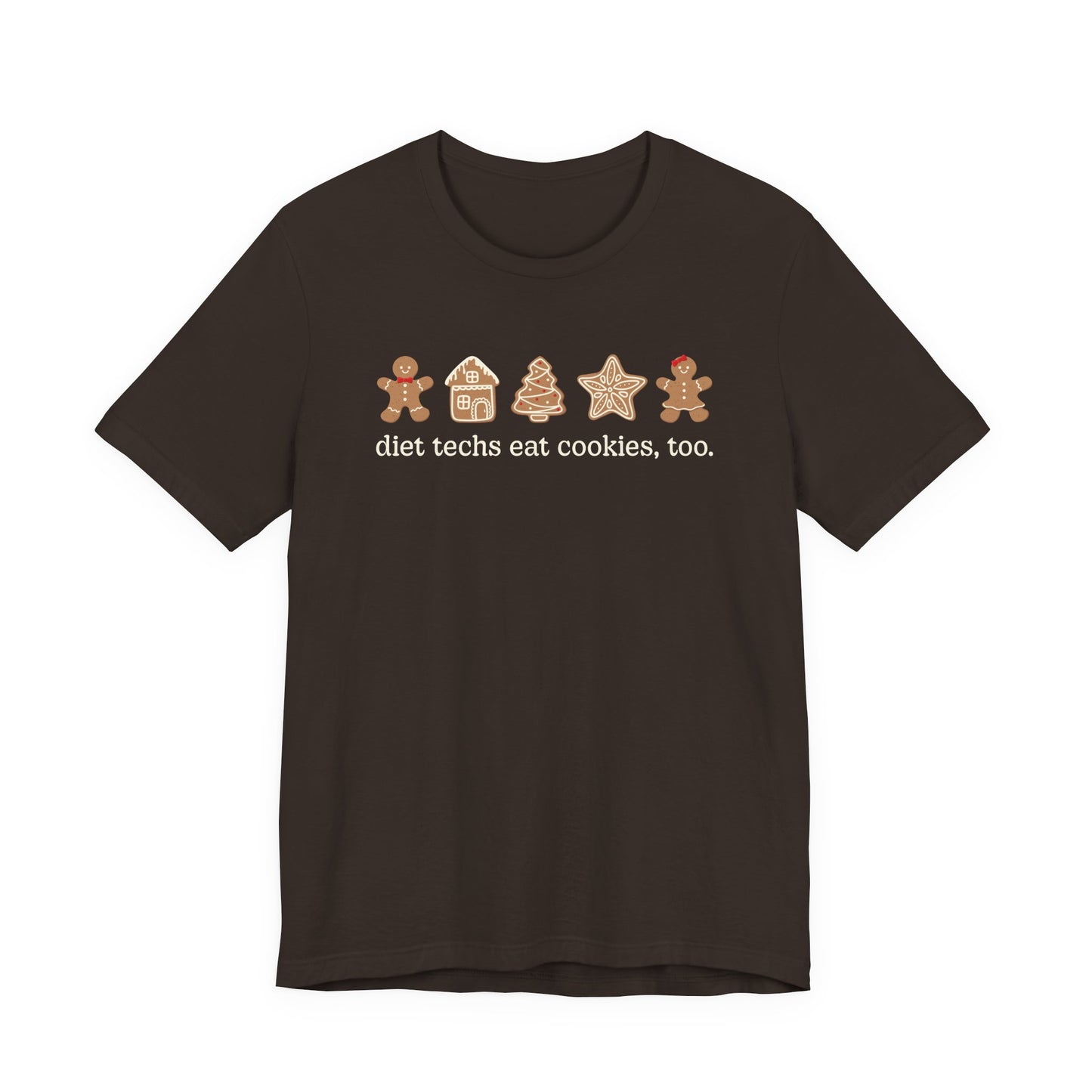 Brown t-shirt with cookie graphic and text on a white background