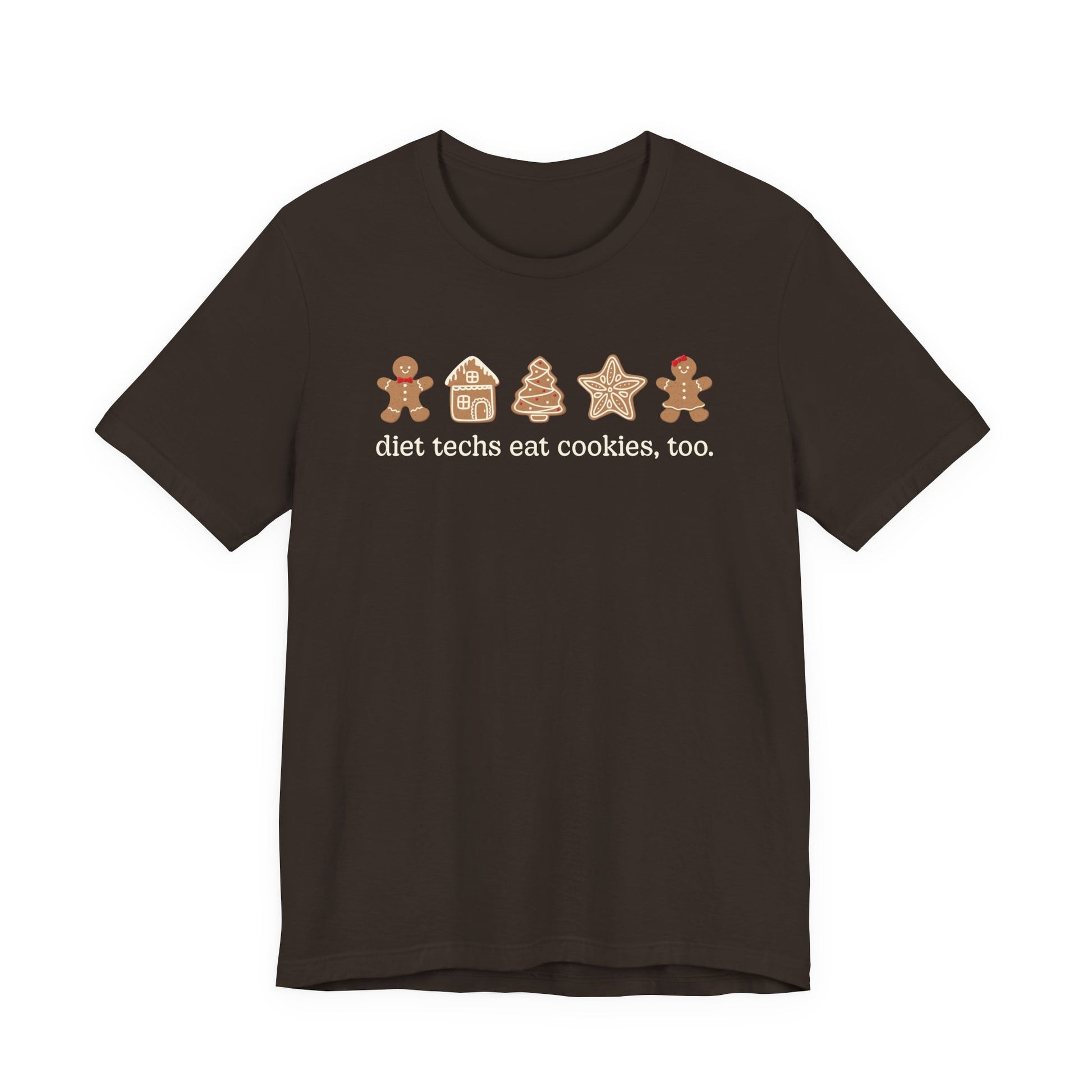 Brown t-shirt with cookie graphic and text on a white background