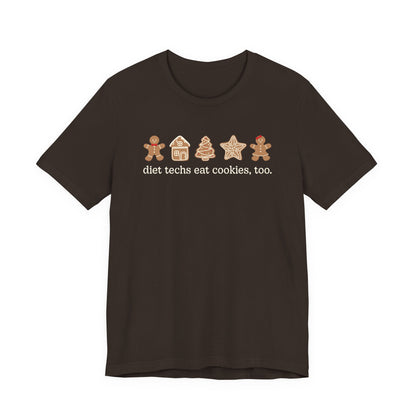 Brown t-shirt with cookie graphic and text on a white background