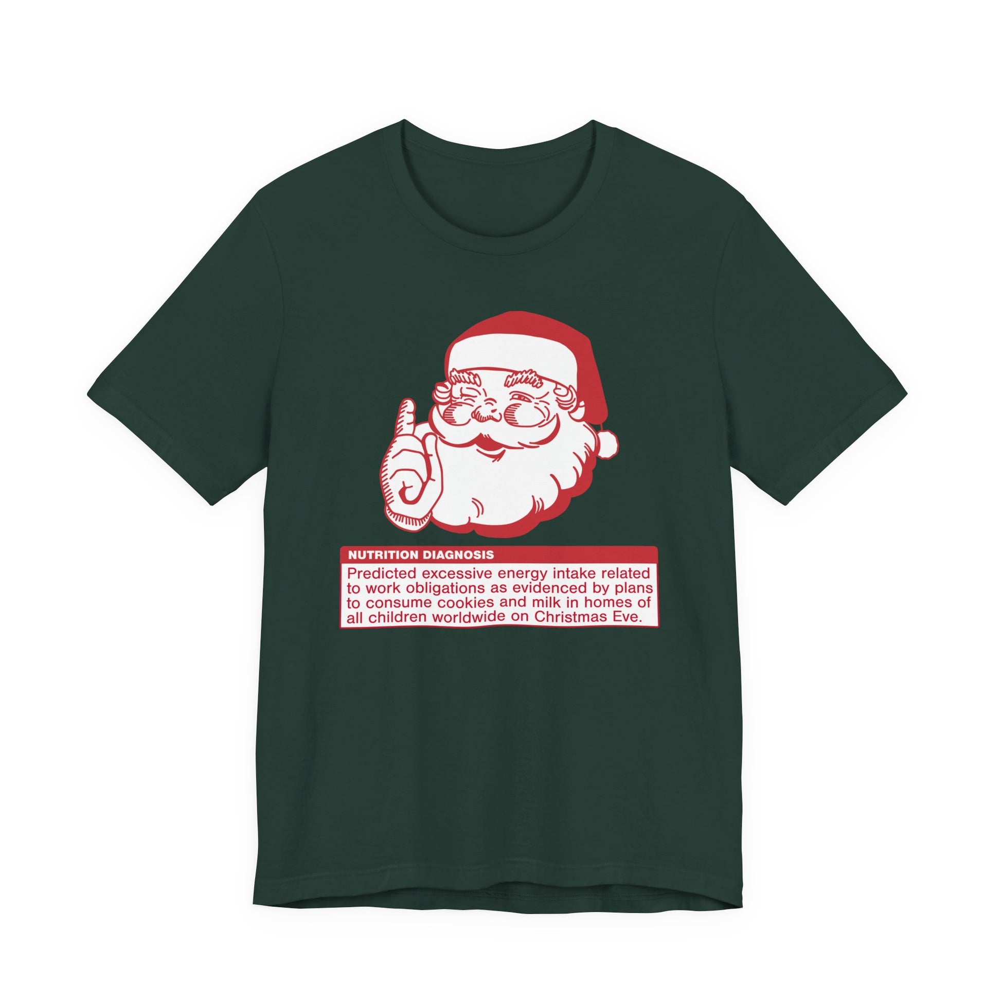 Dark green t-shirt with a graphic of Santa Claus and a PES statement on a white background
