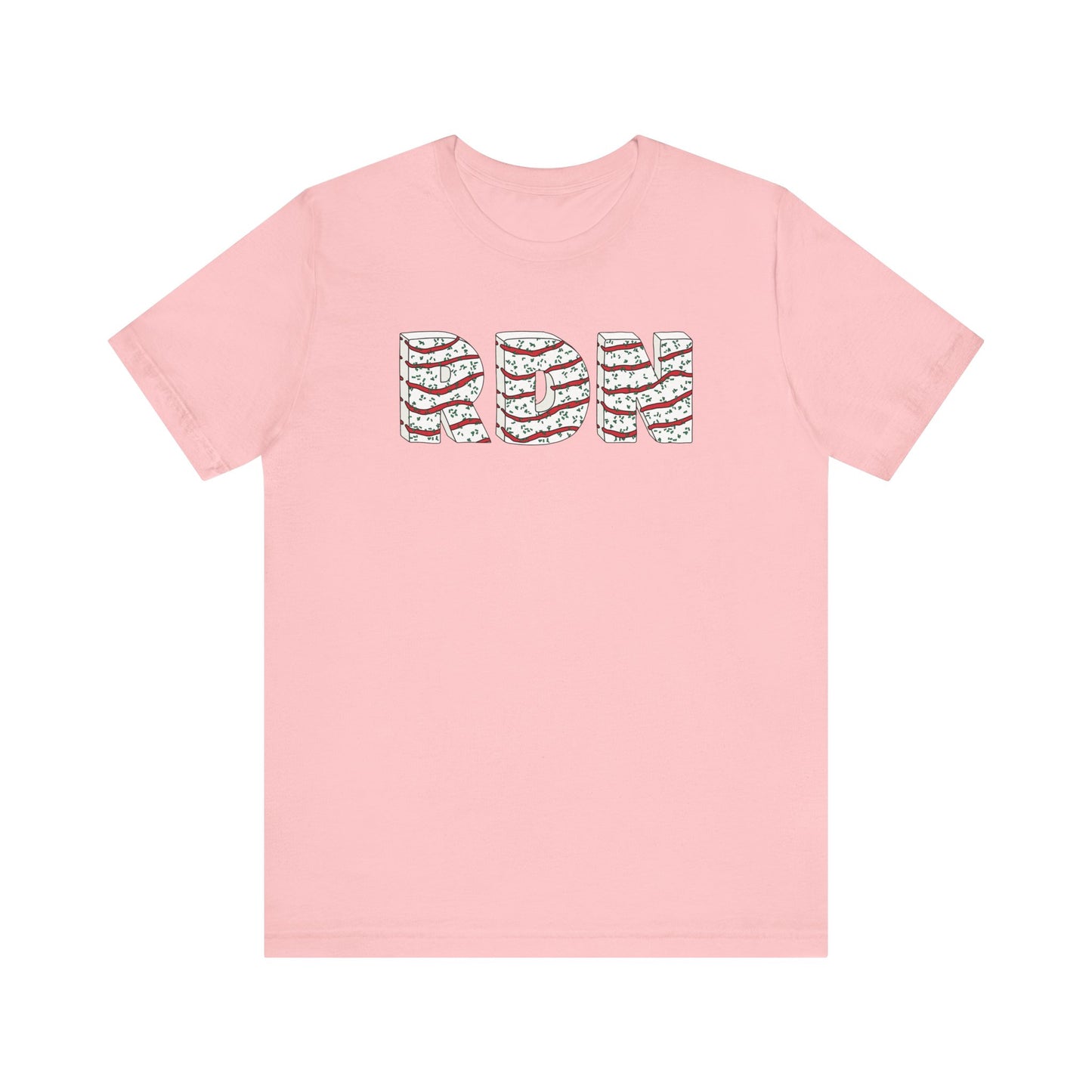 Pink t-shirt with a patterned text design on a white background