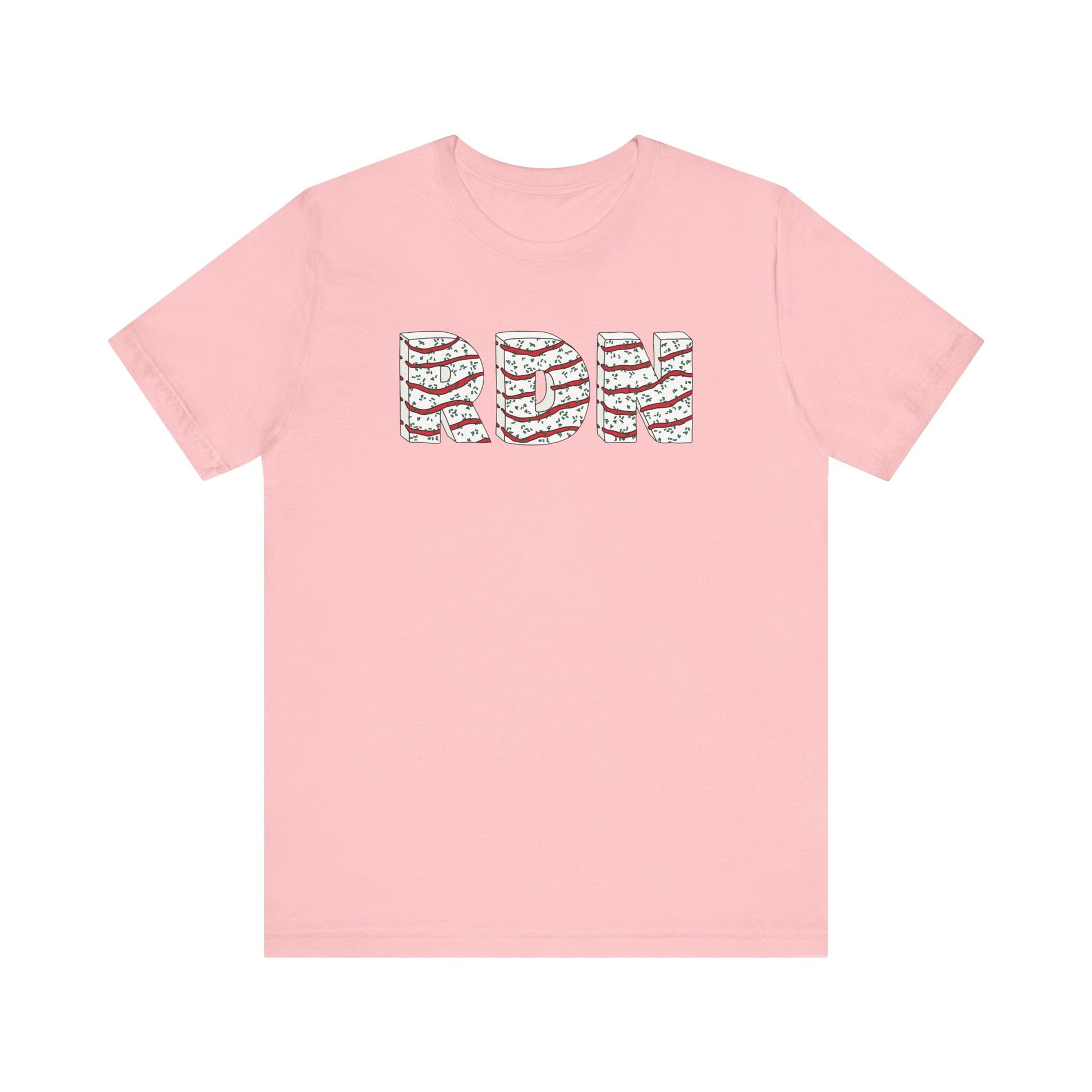 Pink t-shirt with a patterned text design on a white background