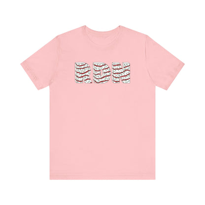 Pink t-shirt with a patterned text design on a white background