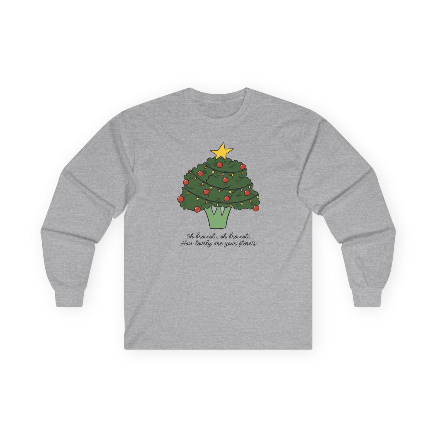 Gray long-sleeve shirt with a broccoli Christmas tree design on a white background