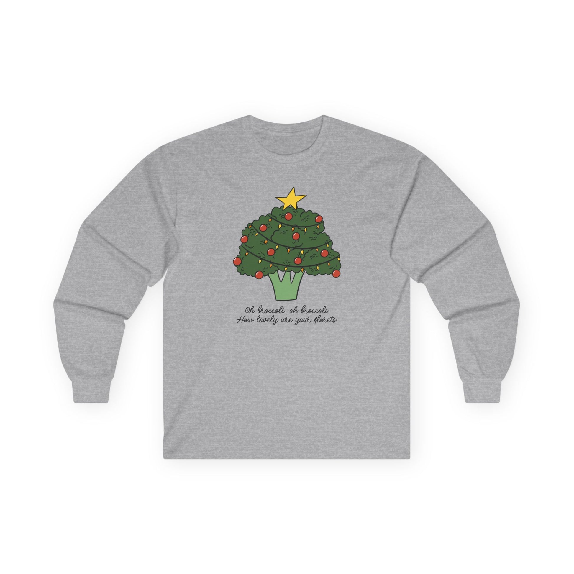 Gray long-sleeve shirt with a broccoli Christmas tree design on a white background