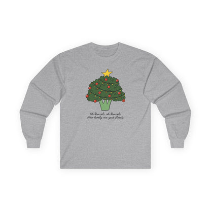 Gray long-sleeve shirt with a broccoli Christmas tree design on a white background