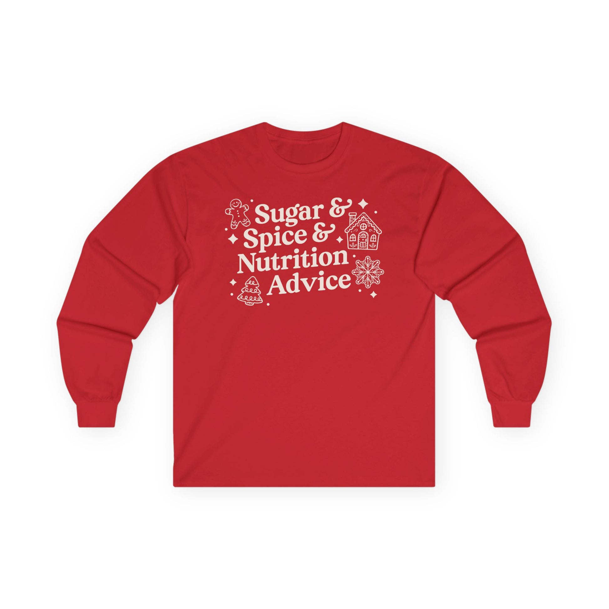 Red long-sleeve shirt with white text and graphics on a white background