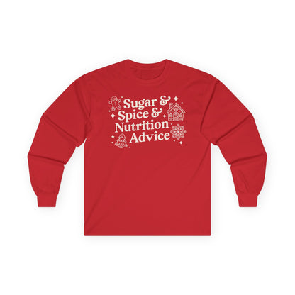 Red long-sleeve shirt with white text and graphics on a white background