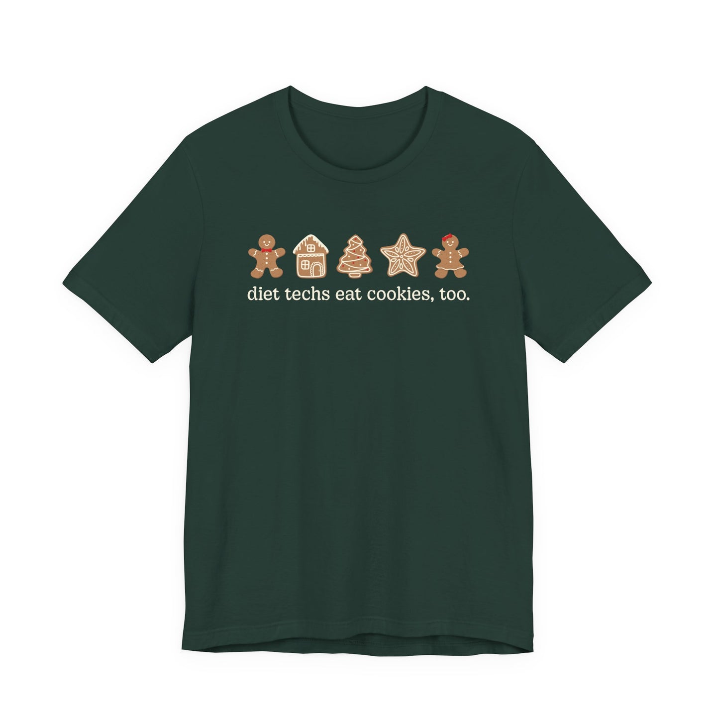 Green t-shirt with gingerbread-themed design and text on a white background