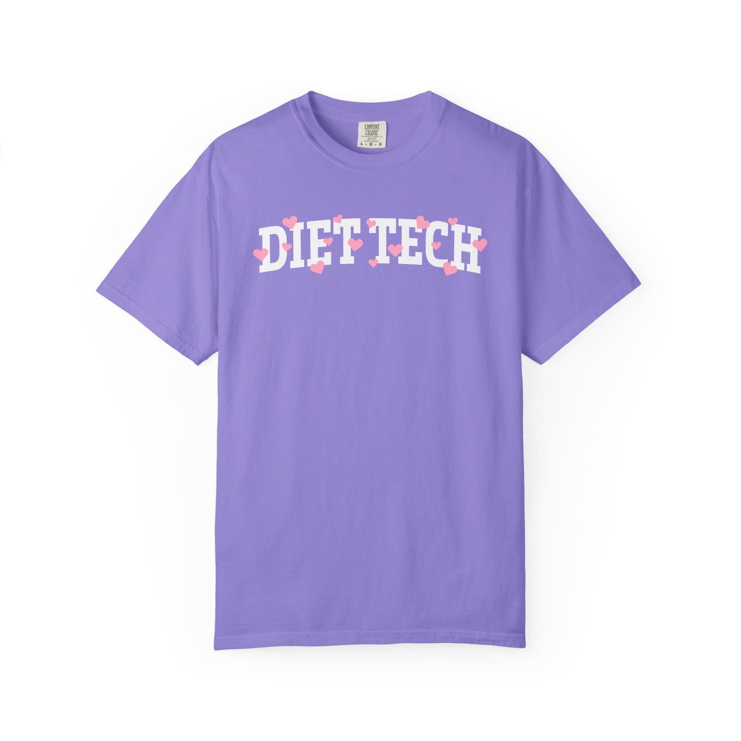 Violet tshirt with arched "DIET TECH" text in white with pink hearts sprinkled throughout the letters