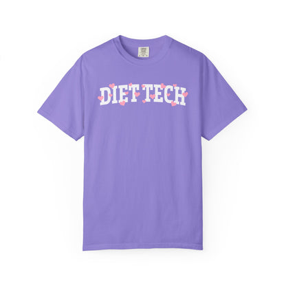 Violet tshirt with arched "DIET TECH" text in white with pink hearts sprinkled throughout the letters