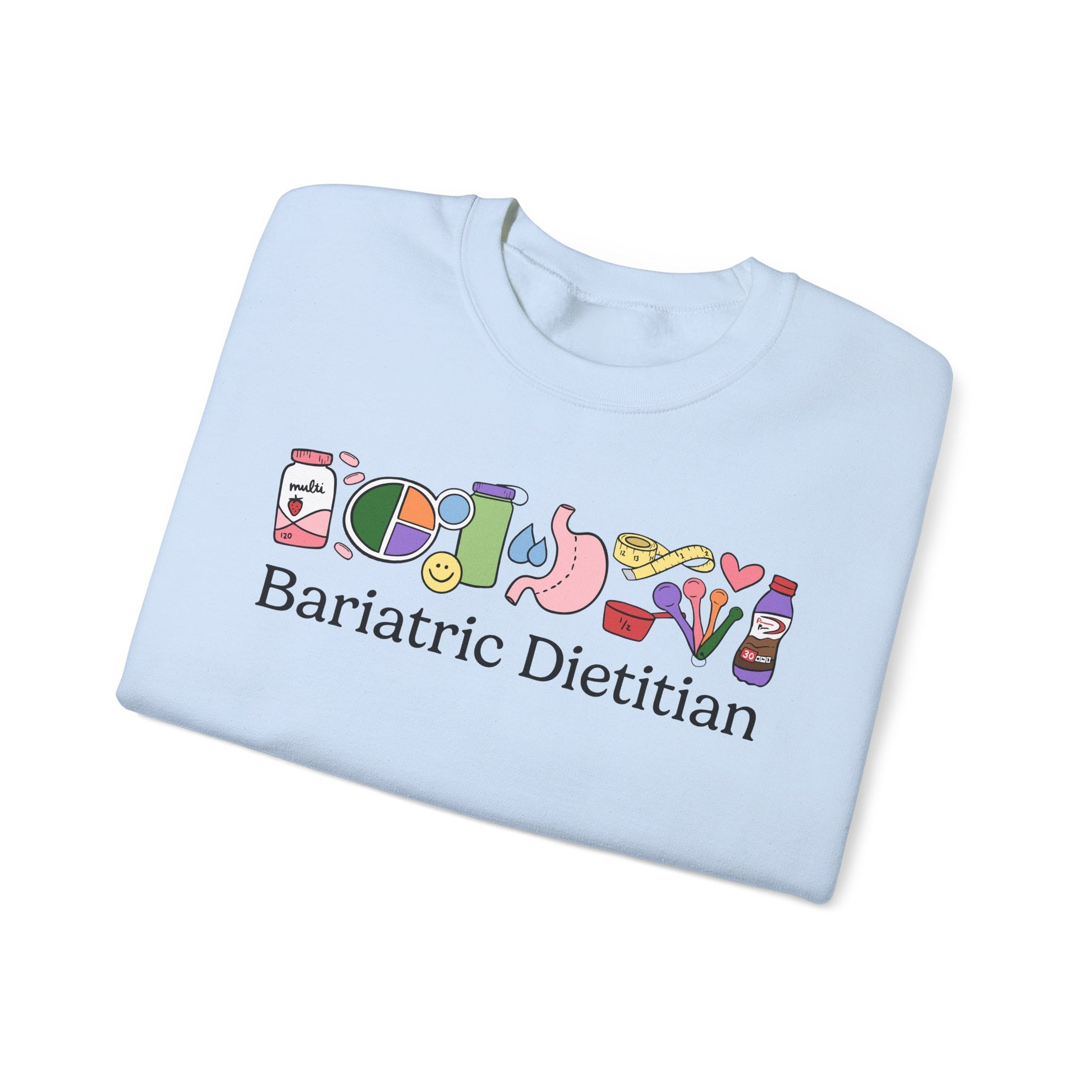 Light blue t-shirt with colorful graphics and text 'Bariatric Dietitian' on a white background