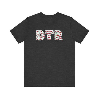 Black t-shirt with 'DTR' printed on the back against a white background
