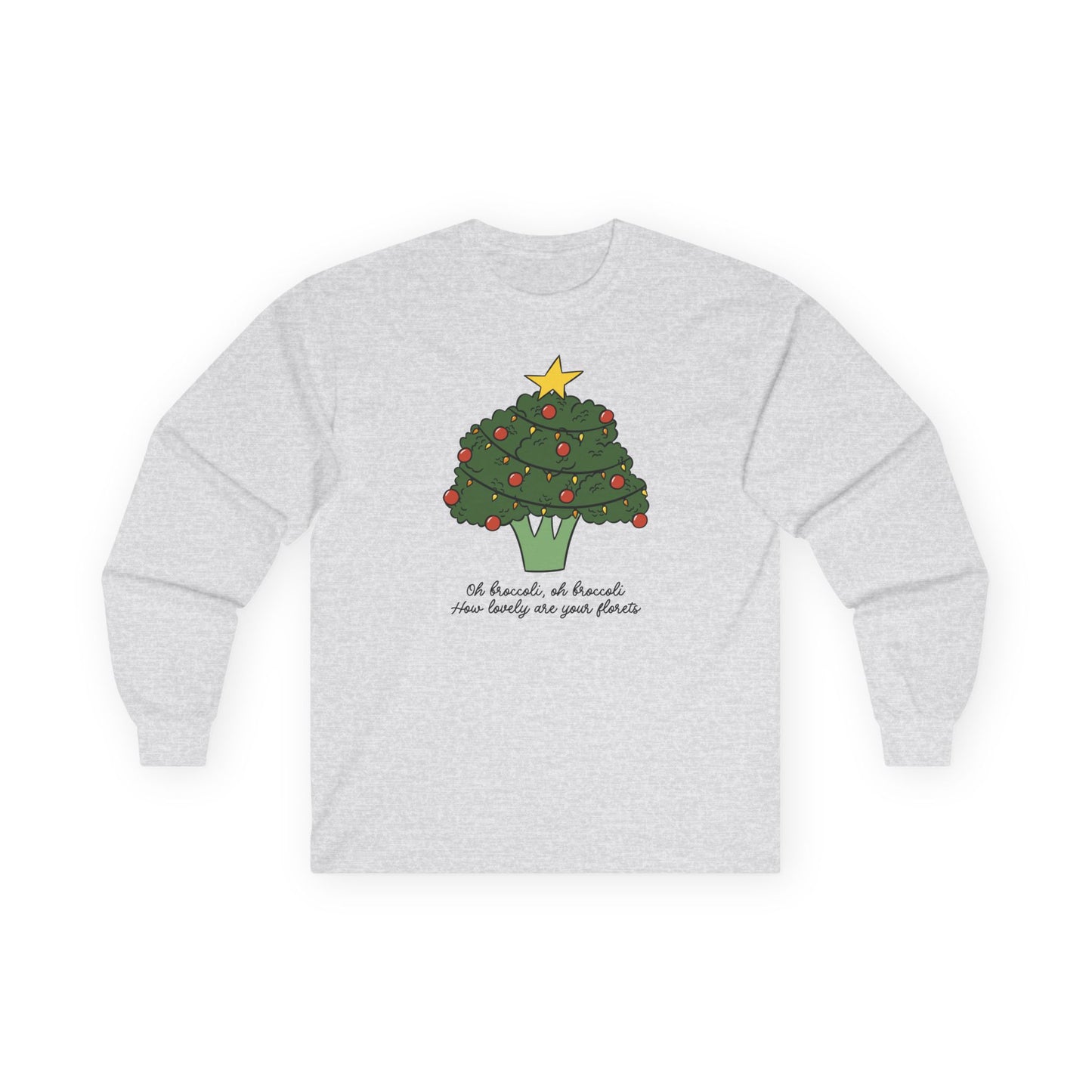 Ash gray long sleeve tee with a broccoli Christmas tree design on a white background