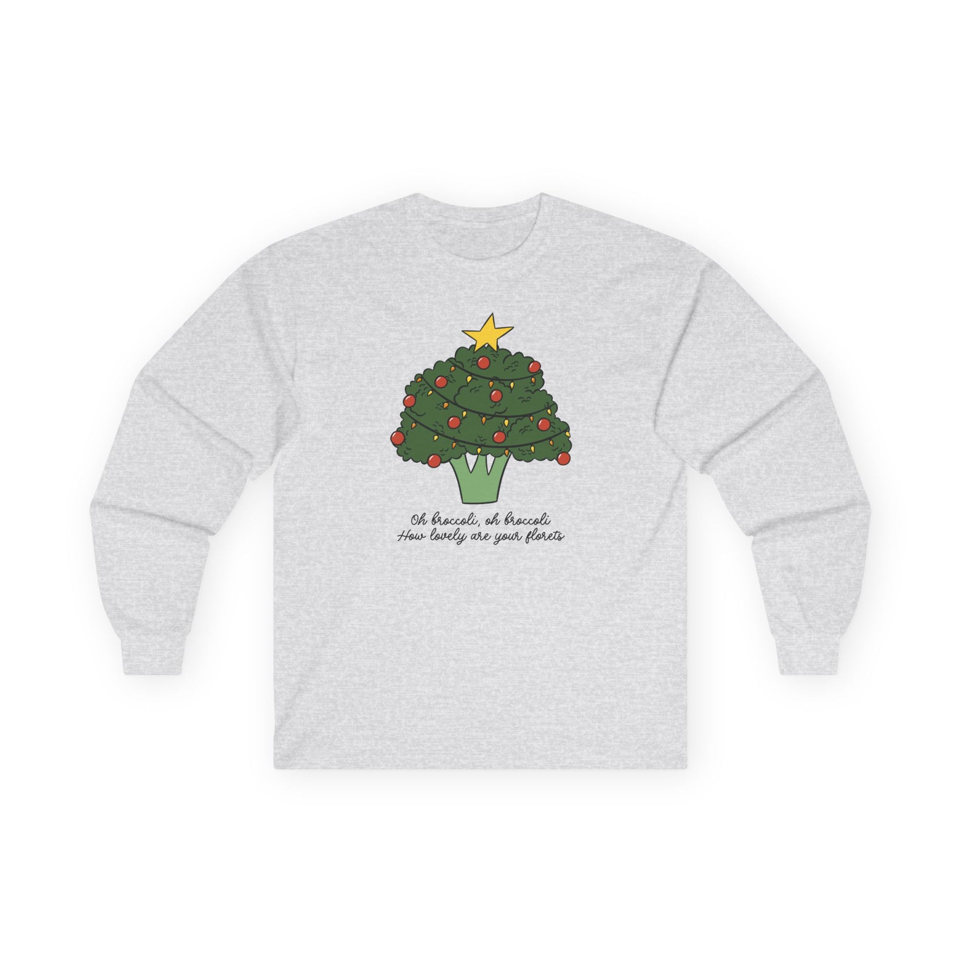 Ash gray long sleeve tee with a broccoli Christmas tree design on a white background